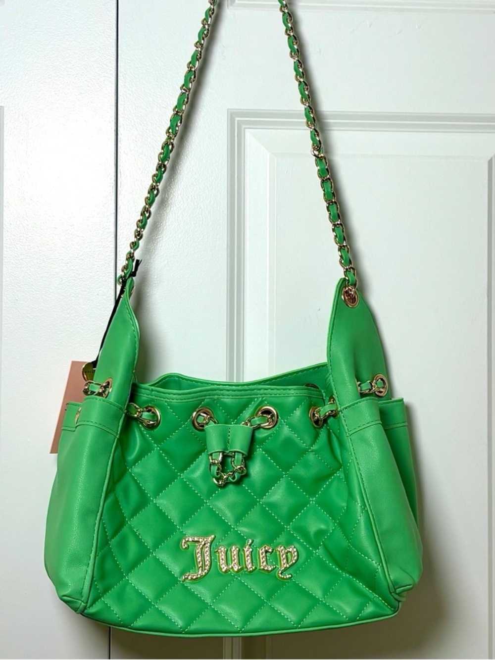 Juicy Couture Green Quilted Chain Link Strap Bucket Drawstring Handbag